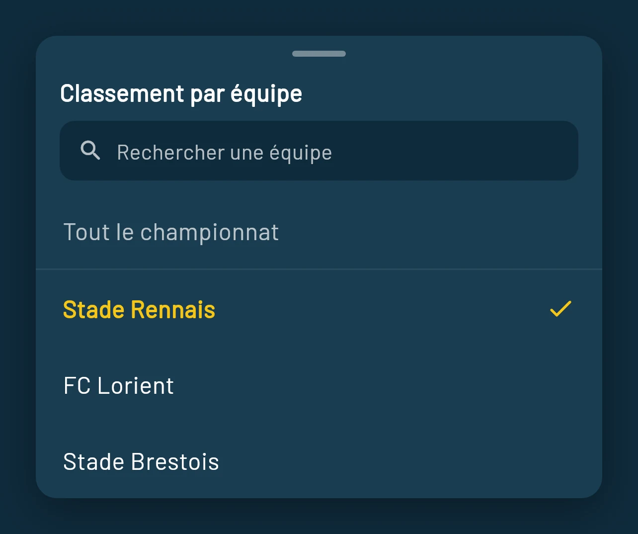 Filtre par équipe d'un groupe, le Stade Rennais étant sélectionné