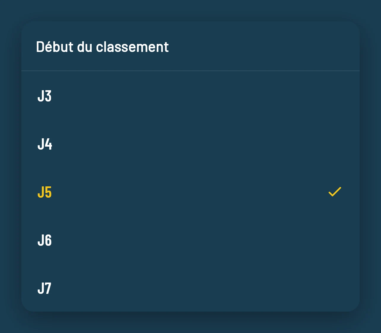 Sélecteur de la journée de départ du classement, la journée 5 étant retenue