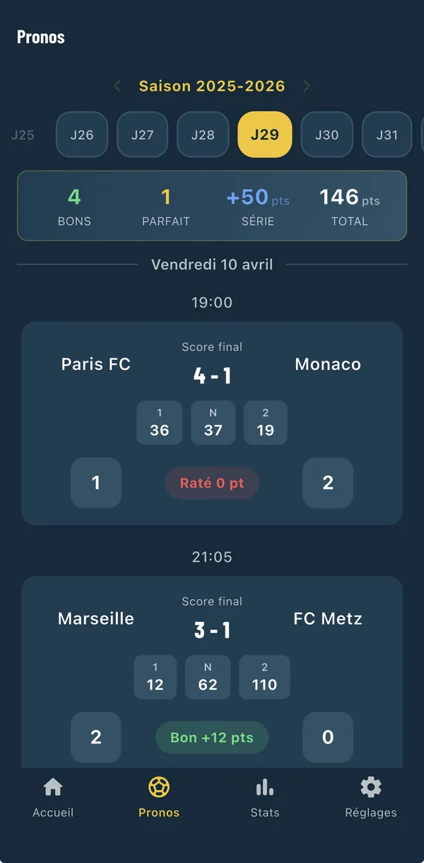 Écran de pronostic d'un match de Ligue 1